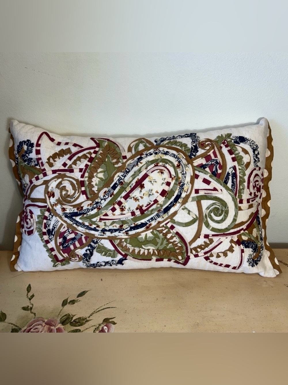 Pier 1 Embroidered Paisley Patchwork green blue Accent Throw Lumbar Pillow